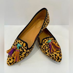 Leopard Print Calf Hair Tassel Flat slip on Shoes Womens Sz 7.5  Hush Puppies